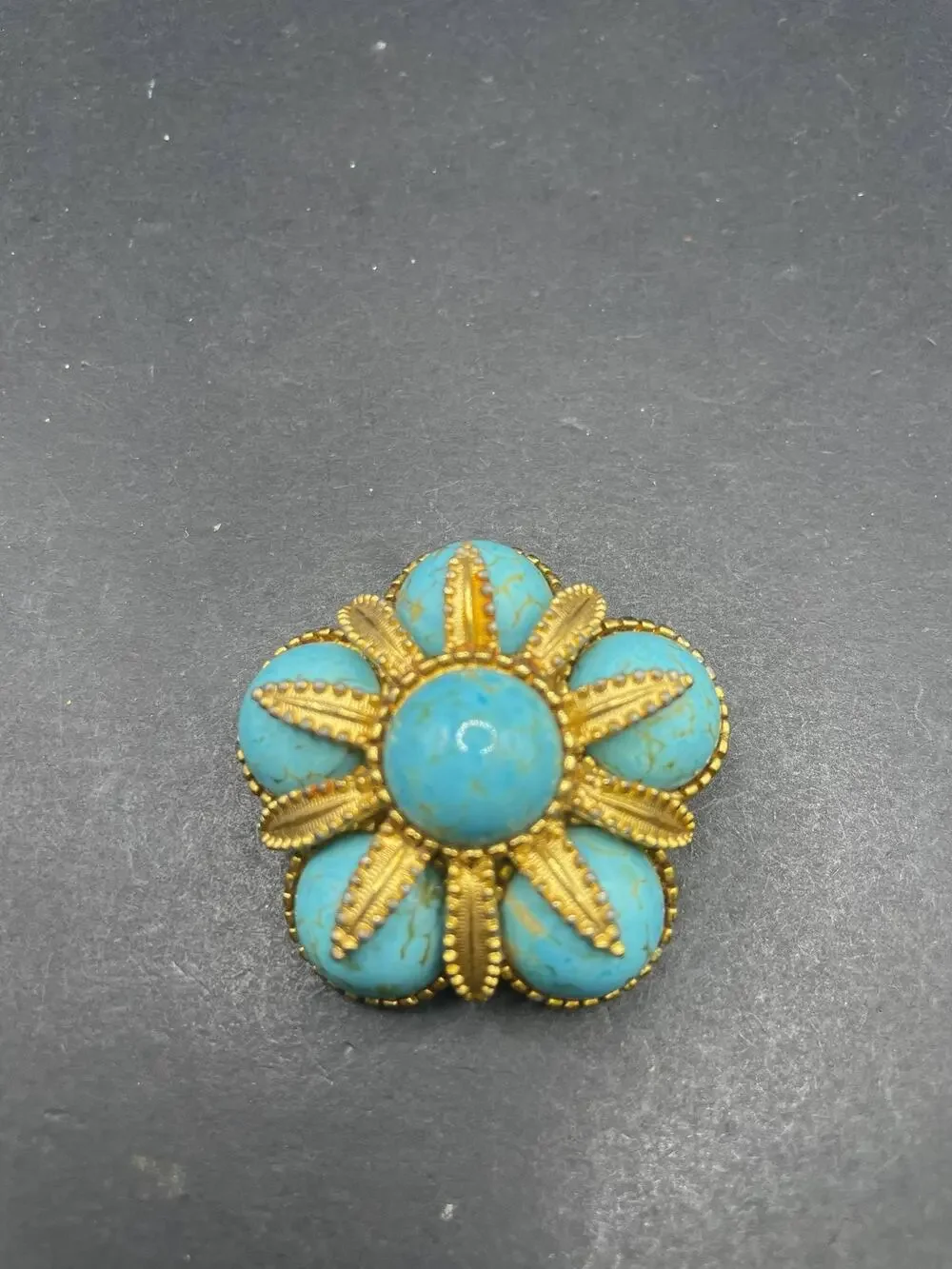 Vintage Cathe Gold Tone Faux Turquoise Cabochon Flower Brooch Pin USA Made